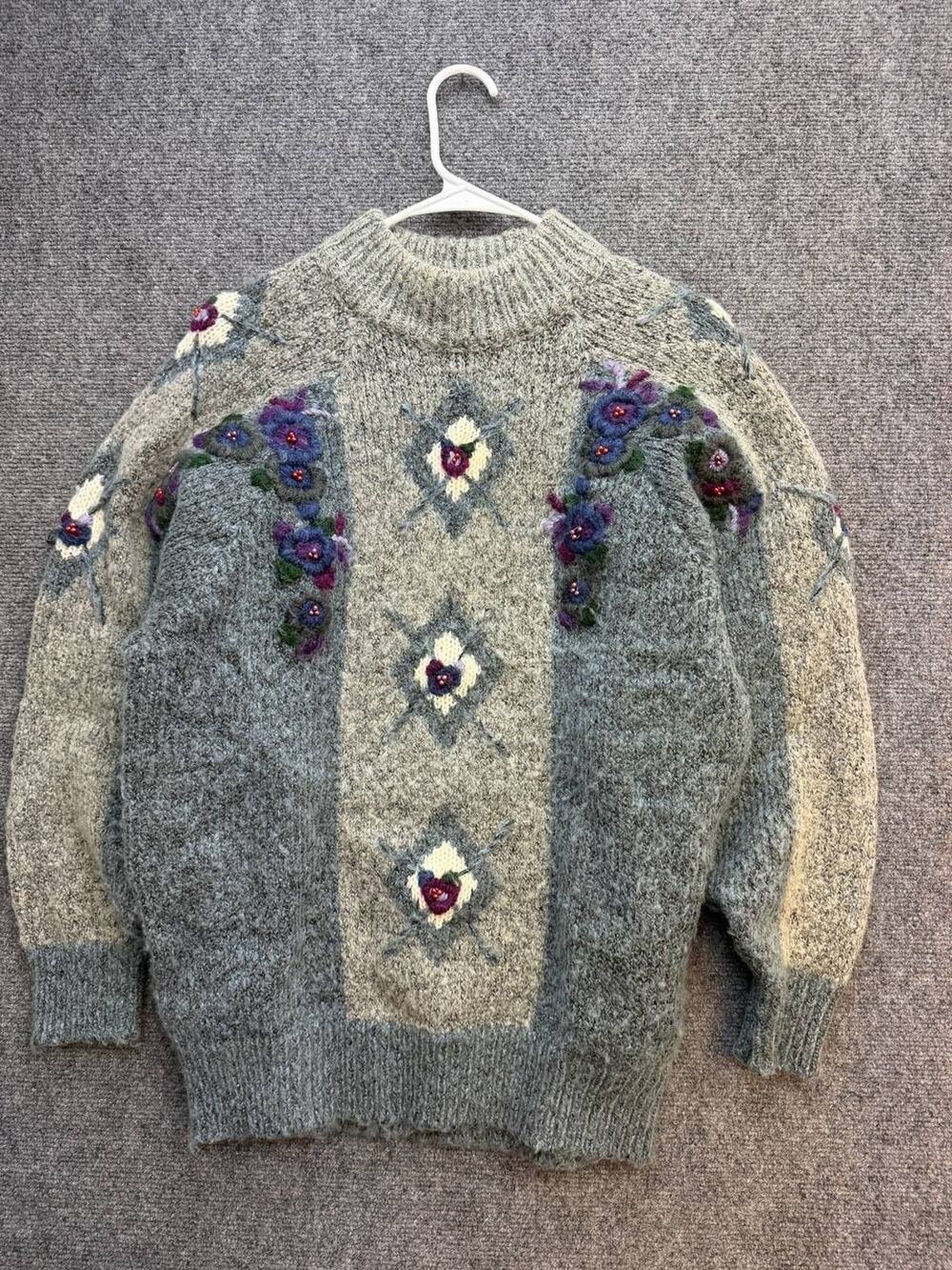 Vintage MarieaKim Floral Embroidered Gray Knit Sweater Women’s M Korea